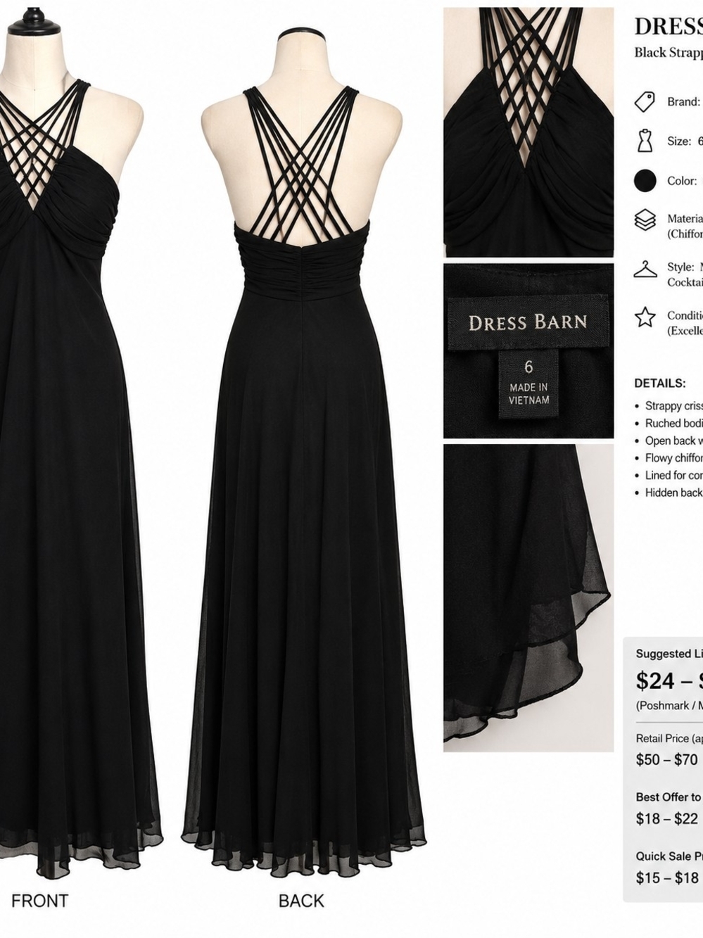 Dress Barn Black Strappy Back Chiffon Gown